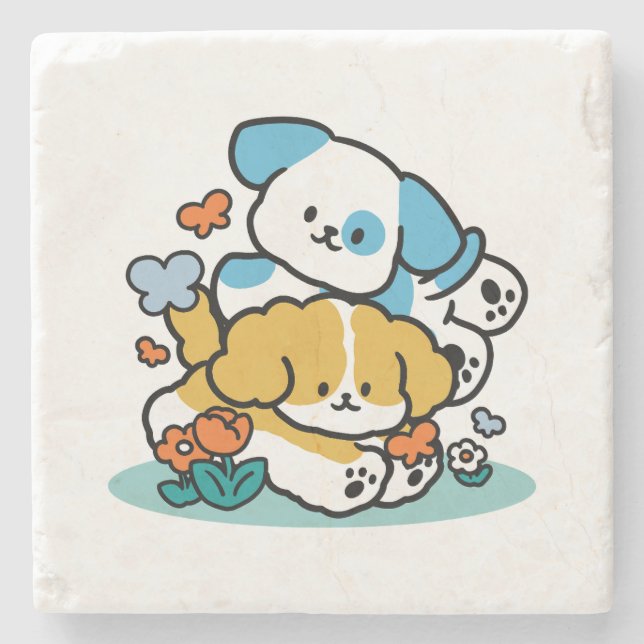 Rolling Into May Like Happy Pups – Cute Spring Dog Stone Coaster (Front)