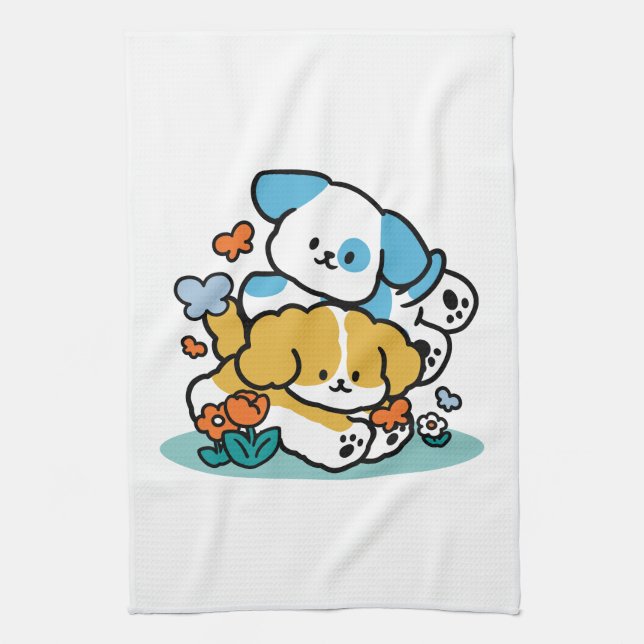 Rolling Into May Like Happy Pups – Cute Spring Dog Tea Towel (Vertical)