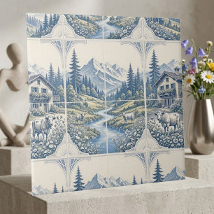 Rolling Meadow Grazing Cow Rustic Mountain Scenic  Tile