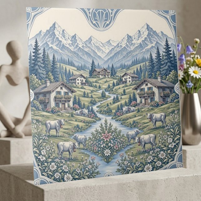 Rolling Meadows Grazing Cow Rustic Cabin Mountains Tile (Rolling Meadows Grazing Cow Rustic Cabin Mountains Ceramic Tile)