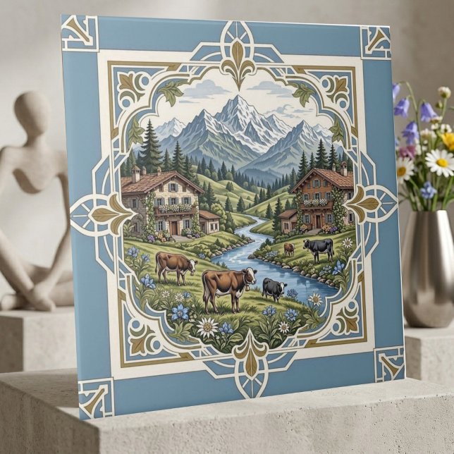 Rolling Meadows Grazing Cow Rustic Chalet Mountain Tile (Rolling Meadows Grazing Cow Rustic Chalet Mountain Ceramic Tile)