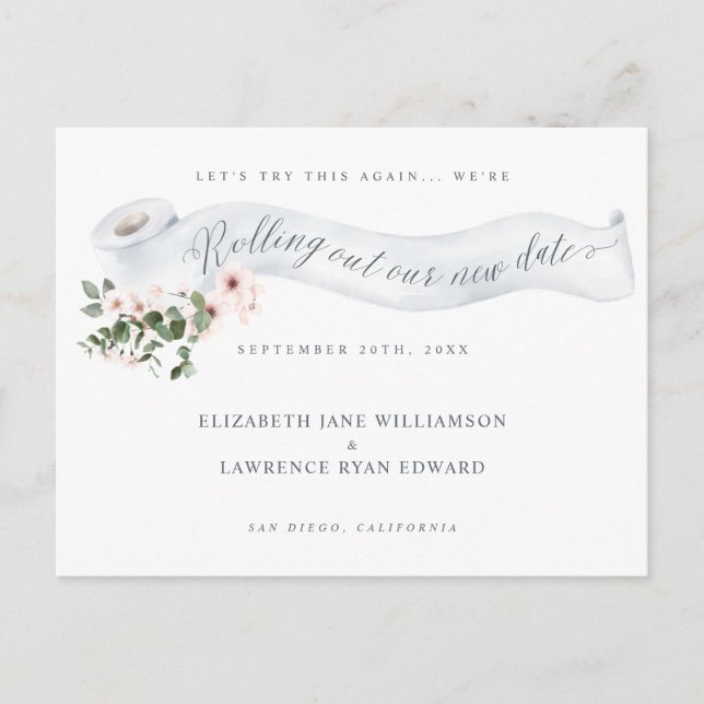 Rolling Out Our New Date Toilet Paper Pink Blossom Announcement Postcard (Front)