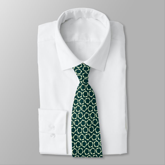 Rolling Pentagons -- Cream on Dark Green Tie (Tied)