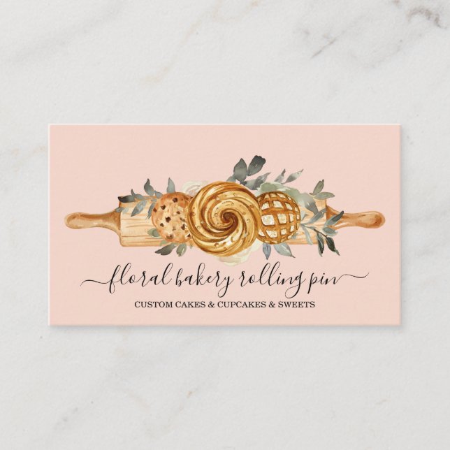 Rolling Pin Bakery Cookies Breads Blush Pink Business Card (Front)
