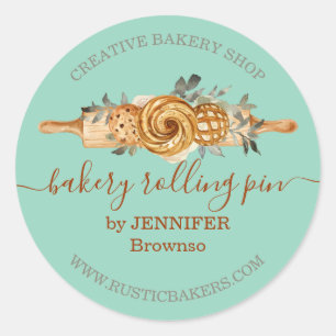 Rolling Pin Bakery Cookies Breads elegant green Classic Round Sticker
