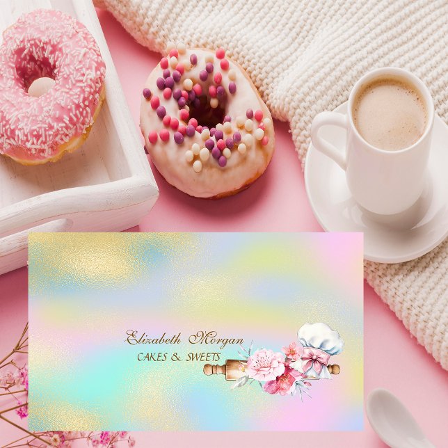 Rolling Pin Flowers Bakery Colorful Holographic Business Card (Creator Uploaded)