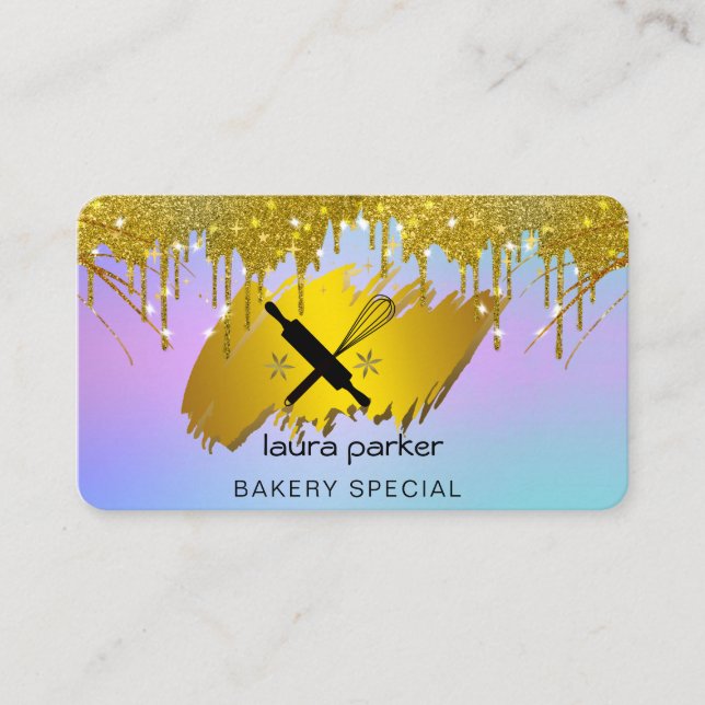 Rolling Pin Whisk Bakery Pastry Catering Gold Chef Business Card (Front)