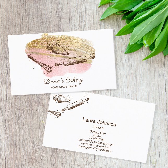 rolling pin & whisk cupcake Bakery Dripping Gold Business Card (Creator Uploaded)