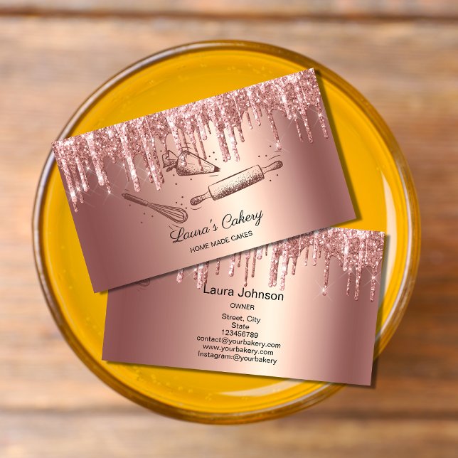 rolling pin & whisk cupcake Bakery Dripping Gold Business Card (Creator Uploaded)