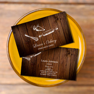 rolling pin & whisk cupcake Bakery Rustic Wood Business Card
