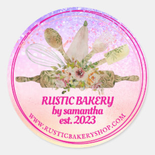 rolling pin whisk rustic bakery pink classic round sticker