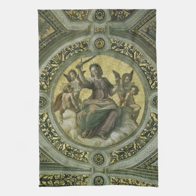 Roman Goddess Justice with Angels by Raphael Tea Towel (Vertical)