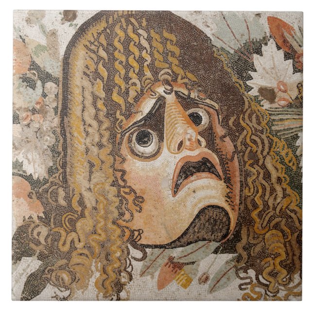 Roman mosaic, with mask, leaves and fruit tile (Front)