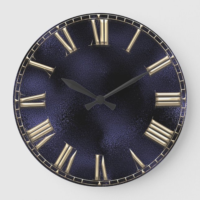 Roman Number Blue Navy Glass Metallic Minimal Large Clock (Front)