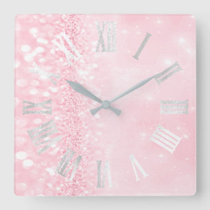 Roman Numbers Silver Grey Pink Glitter Glam Square Wall Clock