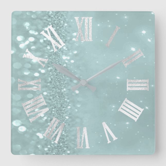 Roman Numbers Silver Grey Teal Mint Glitter Glam Square Wall Clock (Front)