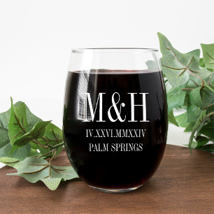 Roman Numeral Date, Initials, City Wedding Favour Stemless Wine Glass
