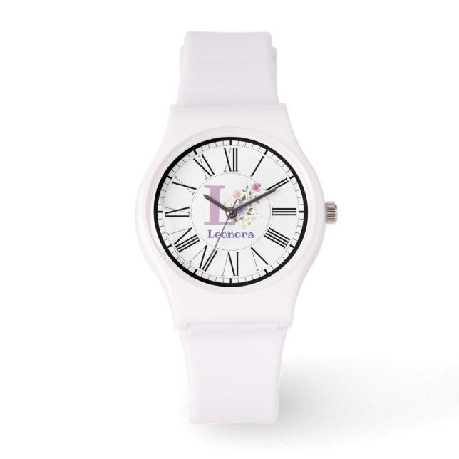 Roman Numeral Design with Initial and Name Leonora Watch (Front)