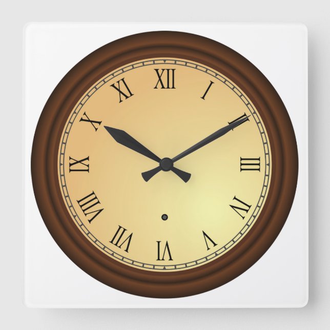 Roman Numeral Simulated Wood Frame Square Wall Clock (Front)
