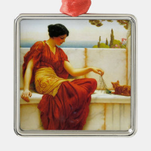 Roman Woman Playing with her Favourite Cat Metal Tree Decoration