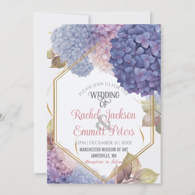 Romance Blue Hydrangea Blooms Wedding Gold Frame Invitation (Front)