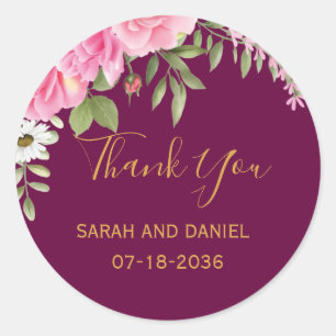 Romance Plum with Pink Roses Wedding Thank You Classic Round Sticker