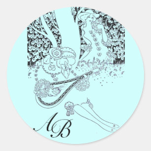 ROMANCE /ROMANTIC LOVERS BLACK TEAL BLUE MONOGRAM CLASSIC ROUND STICKER