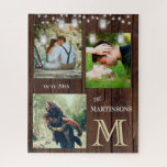 Romance Rustic Custom Monogram Photos Lights Jigsaw Puzzle<br><div class="desc">This jigsaw puzzles could just as easily spell out LOVE -- with a rustic wood texture background; twinkling lights; three of your wonderful photos -- a date -- a family name and a UNIQUE LAYERING OF THE MONOGRAM -- look closely and you will see three colours, which gives it the...</div>