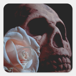 Romance - Skull and Peach Rose Square Sticker