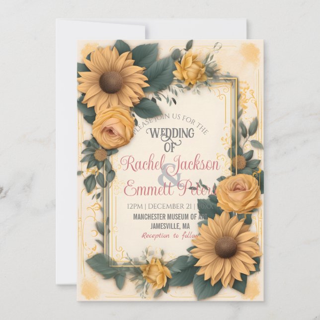 Romance Sunflower Wedding Yellow Rose Leaves Frame Invitation (Front)