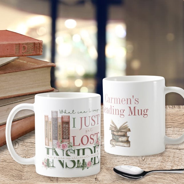 Romance Theme Personalised Bookish Theme Coffee Mug (Pink floral roses and romance theme bookish book lovers personalized coffee mug for birthday gifts)