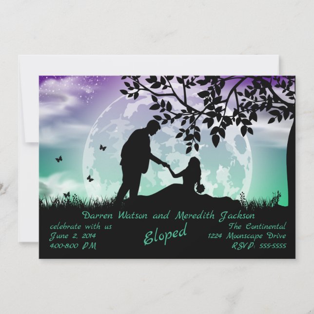 Romance under Purple Green Moon Elopement Invitation (Front)