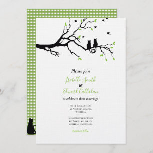 Romancing Black Cats In Tree Green Gingham Wedding Invitation