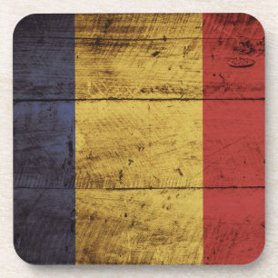 Romania Flag on Old Wood Grain Coaster
