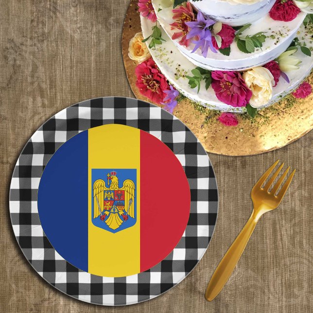 Romania Plate, buffalo plaid & Romanian Flag Paper Plate (Creator Uploaded)