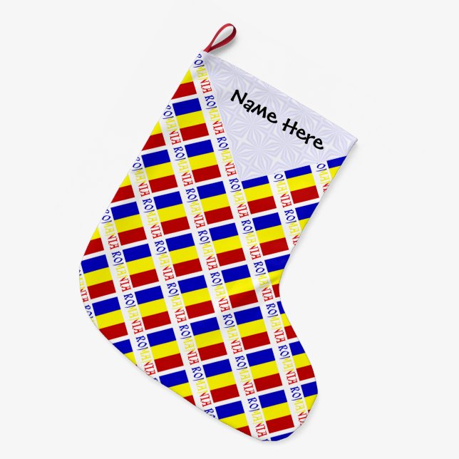 Romania Romanian Flag Titled Black Personalisation Large Christmas Stocking (Front (Hanging))