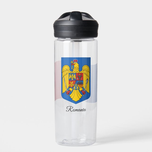 Romanian Coat of Arms, Flag, Romania Water Bottle (Front)