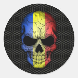 Romanian Flag Skull on Steel Mesh Graphic Classic Round Sticker