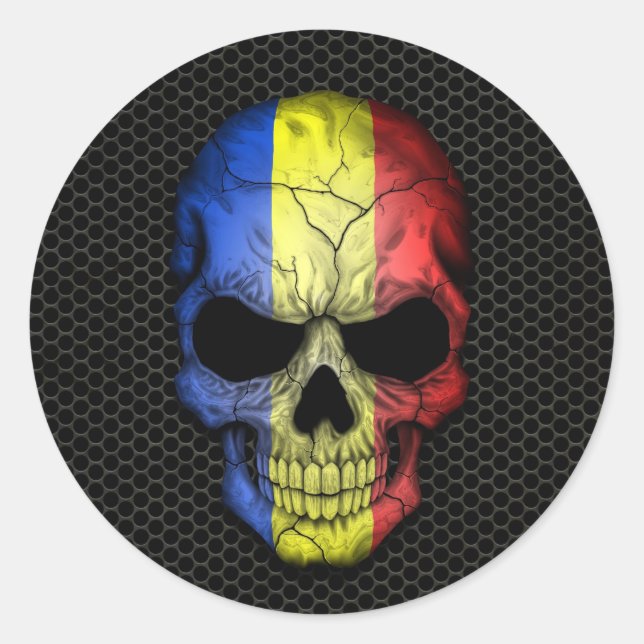Romanian Flag Skull on Steel Mesh Graphic Classic Round Sticker (Front)