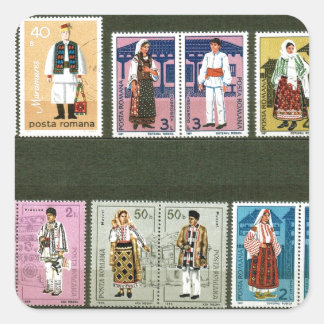 Romanian folk costumes on stamps square sticker
