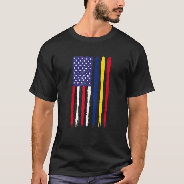 Romanian Roots Half American Flag Patriotic Romani T-Shirt (Front)