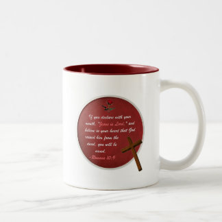 Romans 10:9 Two-Tone coffee mug