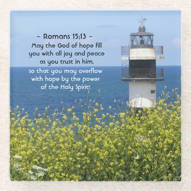 Romans 15:13 May the God of Hope, Lighthouse Glass Coaster (Front)