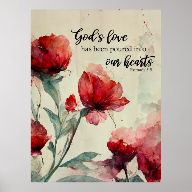 Romans 5:5 God's Love Bible Verse Red Floral Poster (Front)