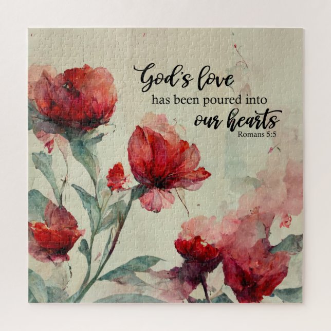 Romans 5:5 God's Love Bible Verse Red Pink Flowers Jigsaw Puzzle (Vertical)