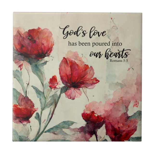 Romans 5:5 God's Love Bible Verse Red Pink Flowers Tile (Front)