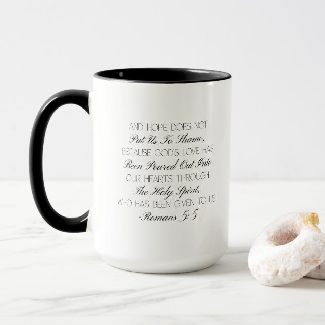 Romans 5:5 Hope Bible Verse Mug  (With Donut)