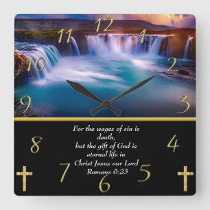Romans 6:23 Christian Faith a waterfall Square Wall Clock