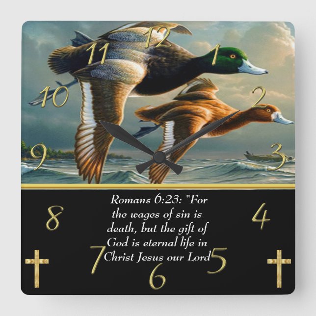   Romans 6:23 Christian Faith cross with ducks   Square Wall Clock (Front)