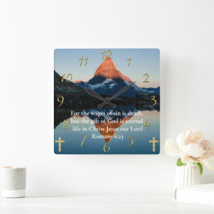 Romans 6:23 Christian Faith moutain lake view Square Wall Clock